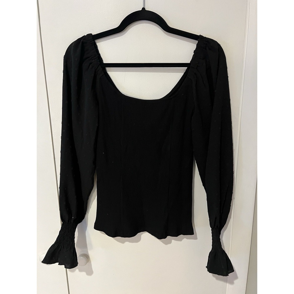 Angashion Women's Medium Black Top Ribbed With Long Chiffon Sleeves‎ Dot